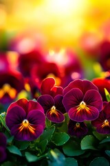 Wall Mural - Charming burgundy pansies at sunset in spring garden. Copy space.
