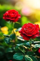 Wall Mural - Red roses glowing in the summer sunset in botanical park.