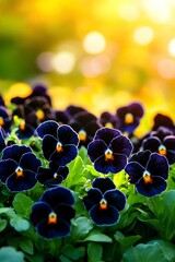 Wall Mural - Beautiful blue pansies blossoming in garden during sunset, creating a lovely summer banner with copy space.