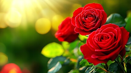 Wall Mural - Beautiful red roses blossoming in garden during sunset, creating a lovely summer banner with copy space.