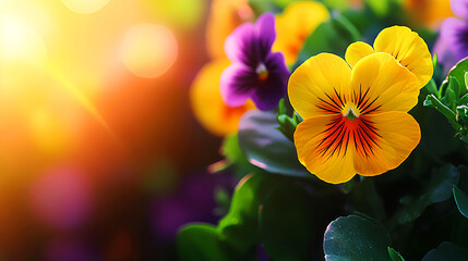 Wall Mural - Beautiful yellow pansy blossoming in garden during sunset, creating a lovely summer banner with copy space.