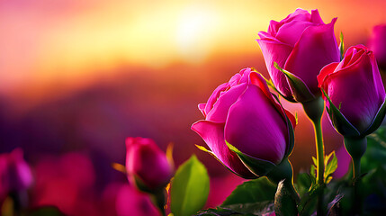 Wall Mural - Pink roses blooming in spring garden under setting sun, perfect for spring banner with copy space.