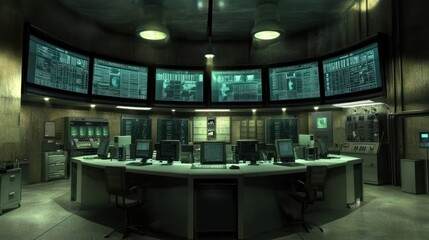Fototapete - A high-tech control room with multiple screens displaying data and monitoring systems.