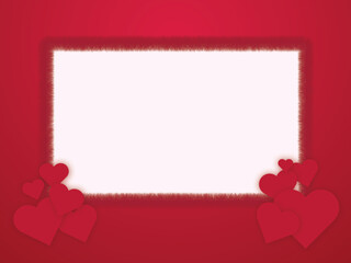 Red Valentine Heart Frame: Romantic red background with a white frame outlined with fluffy red edges, adorned with hearts for a message of love and affection. 