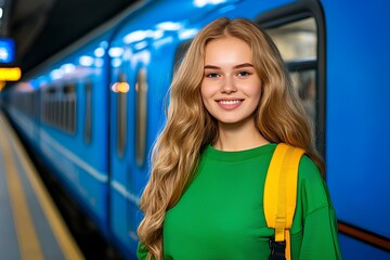 Stylish blonde woman traveler in green shirt and yellow backpack waiting for train with a bright smile.