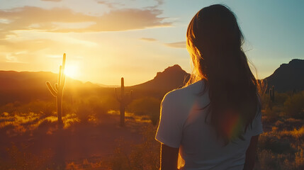 Wall Mural - Sunset in arizona desert with mountain and cactus. Twilit. Illustration
