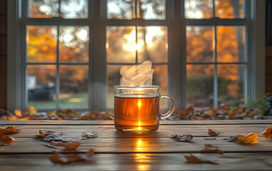 Canvas Print - Warm autumn beverage in glass mug on wooden table near window with fall foliage.