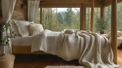 Canvas Print - Cozy bedroom with wooden walls, large windows overlooking a forest, and a comfortable bed with white bedding and a textured throw blanket.