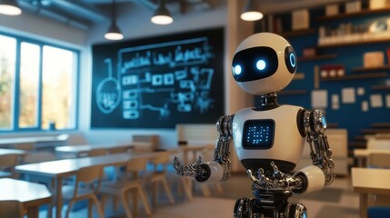 Leinwandbilder - A humanoid robot stands in a classroom setting with a chalkboard in the background.