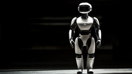 Aufkleber - A humanoid robot stands in a dimly lit space, showcasing advanced design and technology.