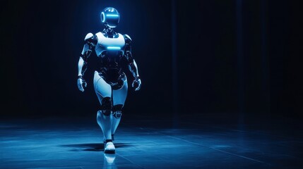 Aufkleber - A humanoid robot with a glowing head and body stands in a dark, futuristic environment.