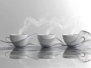 Sticker - Three steaming white cups on reflective surface with abstract grey fabric.