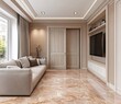 © NipaArts - Elegant living room with beige sofa, marble floor, and built-in entertainment unit.