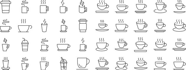 Wall Mural - Collection of Beverage Related Line Icons. Cup Outline Signs for Graphic and Web Design, Apps, Adverts, Various Cards