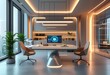 © Світлана Старецька - A stylish office space showcasing a large monitor with a digital interface, bright lighting, and a panoramic city view through expansive windows.