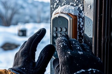 winter smart lock access. close-up of gloved hands entering code on snow-covered smart lock keypad d