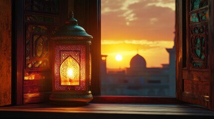 Aufkleber - A lantern glowing by a window at sunset, casting warm light over a distant skyline.