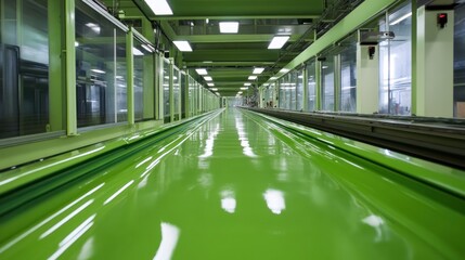 Poster - A long, reflective green surface in a modern industrial facility.