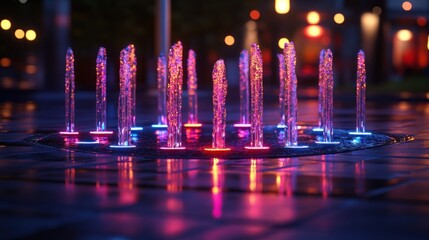 Sticker - Illuminated fountain at night, vibrant colors reflecting on wet pavement.