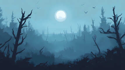 Wall Mural - A gloomy landscape, birds in the sky, a foggy forest with dead trees, moonlight, a distant view, a sense of horror, dark blue and gray tones generative ai. Twilit. Illustration