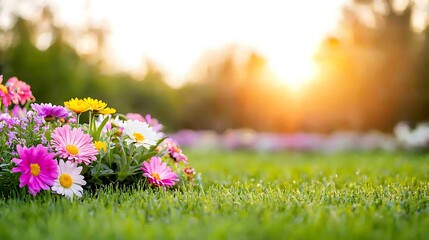 Wall Mural - vibrant colorful daisies in a lush green grass field at sunset.