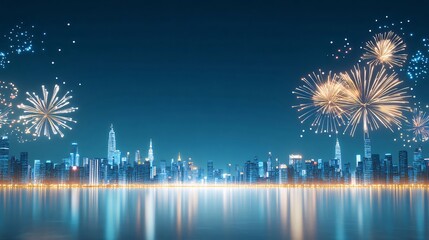 Wall Mural - Night cityscape with fireworks reflecting on water.