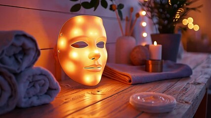 Aufkleber - This Soft lighting creates a tranquil atmosphere while spa tools await use on a wooden table.