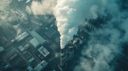 White smoke coming out of chimney on industrial factory building. air pollution from dirty smog gas, carbon emission into atmosphere, ecology and environment concept, toxic chemical steam.