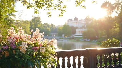 Wall Mural - vibrant flowers in foreground, serene lake and building in soft sunlight background.
