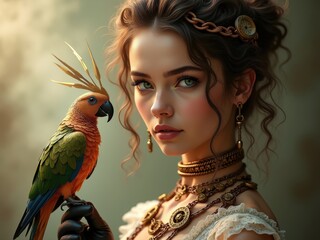 Steampunk inspired woman with colorful parrot in an ornate setting showcasing intricate jewelry and a whimsical atmosphere