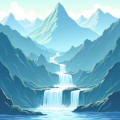 Canvas Print - Serene Mountain Waterfall Landscape - Minimalist illustration