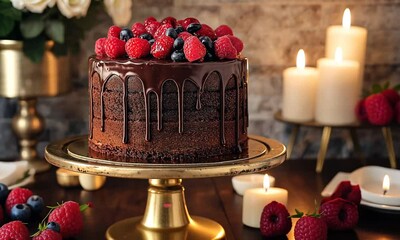 Wall Mural - Chocolate cake filled with raspberries and blackberries in a gold plate