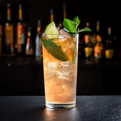 Hugo spritz cocktail drink with sparkling wine, elderflower syrup, soda, lime, mint and ice