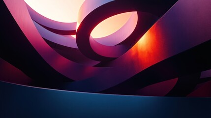 Abstract vibrant purple and orange glowing rings, futuristic architecture, dark background.