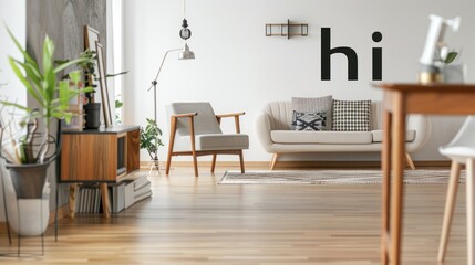 The interior of a white apartment features a wooden floor