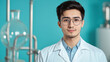 © JCreative - Research Lab concept. Young scientist in laboratory with glass equipment and focused expression