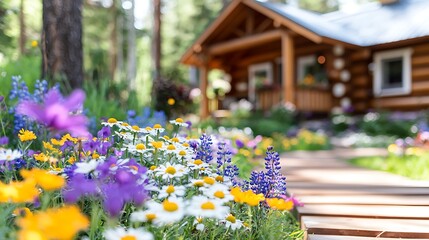 Wall Mural - wooden cabin nestled in vibrant flower garden, pathway leading to entrance.