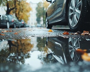 Poster - Autumn rain reflects in a puddle on a city street, cars parked along the curb.