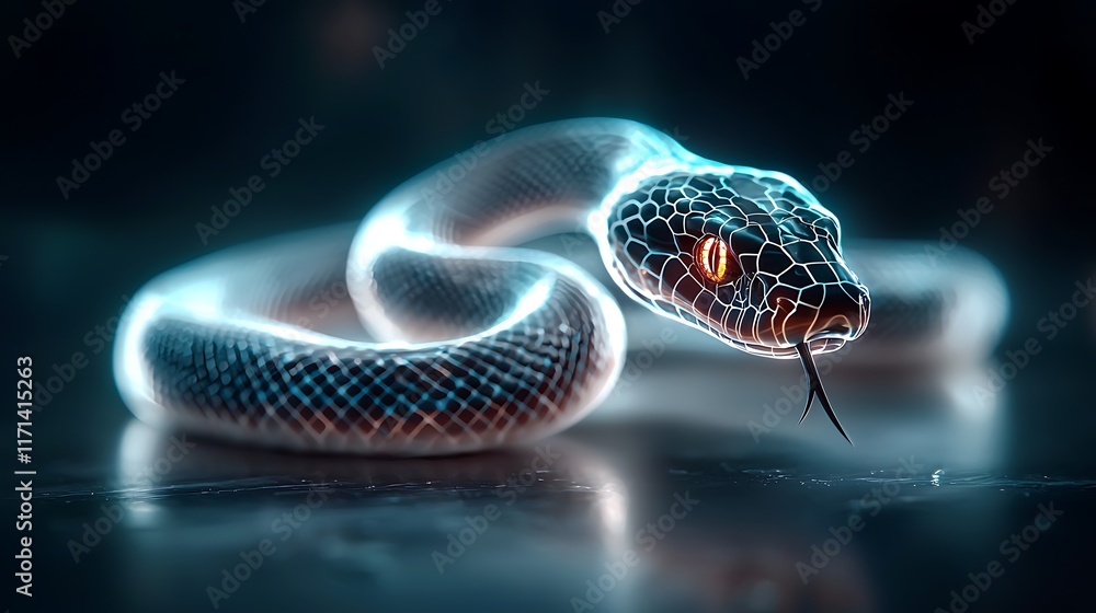 Neon silhouette of a coiled serpentine creature with a glowing ethereal ...