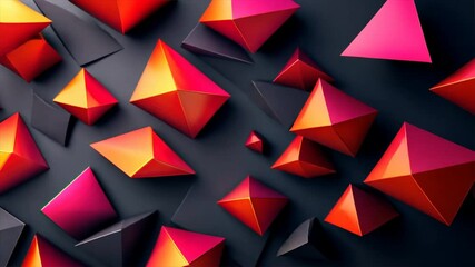 Wall Mural - Vibrant geometric shapes in red and orange create modern 3D design, showcasing dynamic pyramids and abstract forms against dark background for striking visual effect.