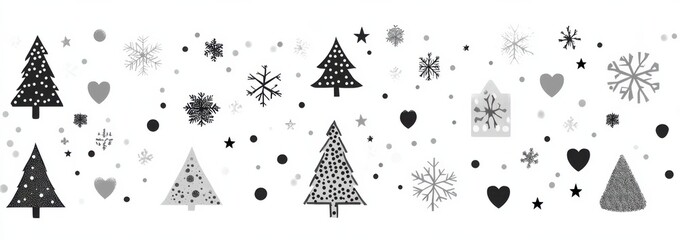 Wall Mural - festive holiday pattern with geometric christmas trees, stars, snowflakes, and decorations in shades