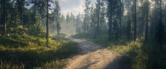 Poster - Misty forest path winding through tall pines on a sunny morning.