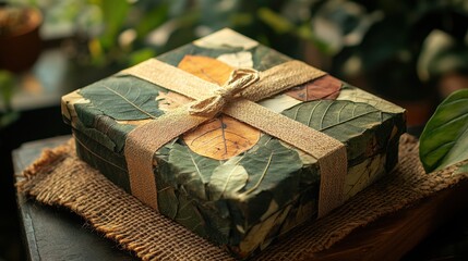 Wall Mural - Artfully wrapped gift box adorned with natural leaves, showcasing creativity and eco-friendly design in a cozy indoor setting. Generative AI