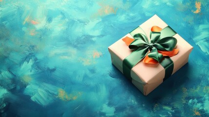 Wall Mural - Surprise gift beautifully wrapped with green and orange ribbons on a vibrant turquoise background during a festive celebration. Generative AI