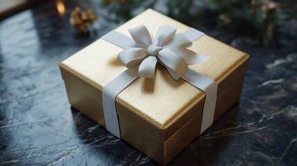 Wall Mural - Golden gift box adorned with a satin bow resting on a dark marble surface during a festive celebration. Generative AI