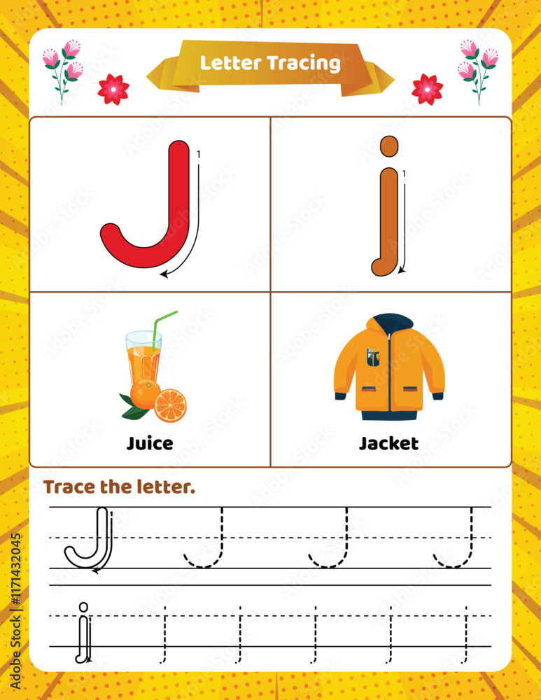 ABC alphabet tracing worksheet for kids. Letter J. Stock Vector | Adobe ...