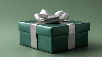 Wall Mural - Delightful green gift box wrapped with silver ribbon, perfect for celebrations and special occasions. Generative AI