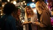 © mashimara - A group of diverse friends laughing and sharing food at an outdoor festive market with string lights and a lively atmosphere.