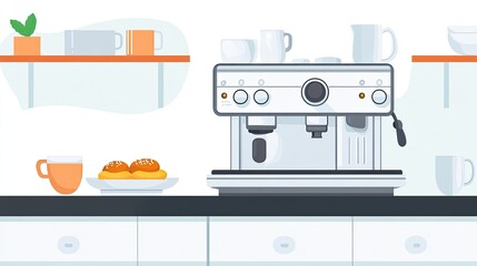 Wall Mural - Modern kitchen counter with coffee machine, cups, and pastries.