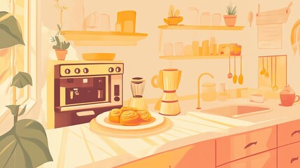 Wall Mural - Sunny kitchen interior with coffee machine, pastries, and plants on countertops and shelves.